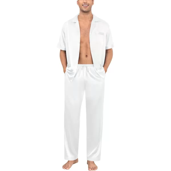 imageSWOMOG Mens Satin Silky Pajama Set Short Sleeve Classic Sleepwear Button Down Loungewear with Long PantsZ  Solid White  With Drawstrings