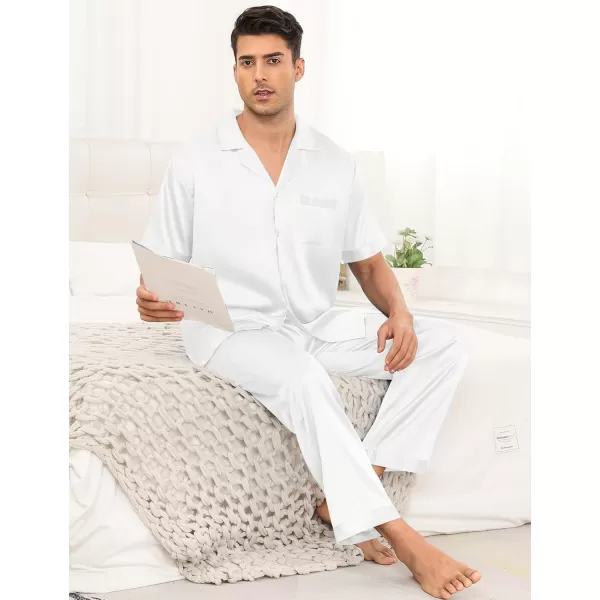 imageSWOMOG Mens Satin Silky Pajama Set Short Sleeve Classic Sleepwear Button Down Loungewear with Long PantsZ  Solid White  With Drawstrings