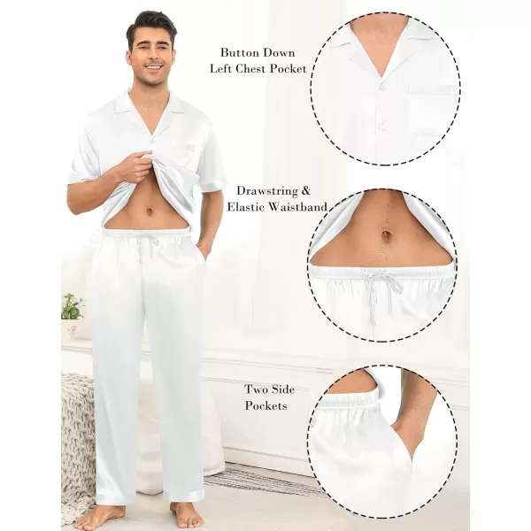 imageSWOMOG Mens Satin Silky Pajama Set Short Sleeve Classic Sleepwear Button Down Loungewear with Long PantsZ  Solid White  With Drawstrings