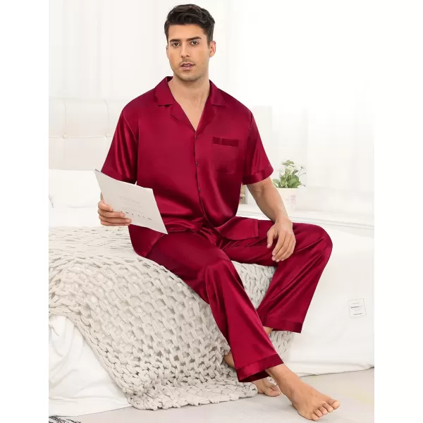 imageSWOMOG Mens Satin Silky Pajama Set Short Sleeve Classic Sleepwear Button Down Loungewear with Long PantsZ  Solid Wine Red  With Drawstrings