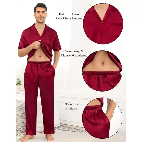 imageSWOMOG Mens Satin Silky Pajama Set Short Sleeve Classic Sleepwear Button Down Loungewear with Long PantsZ  Solid Wine Red  With Drawstrings