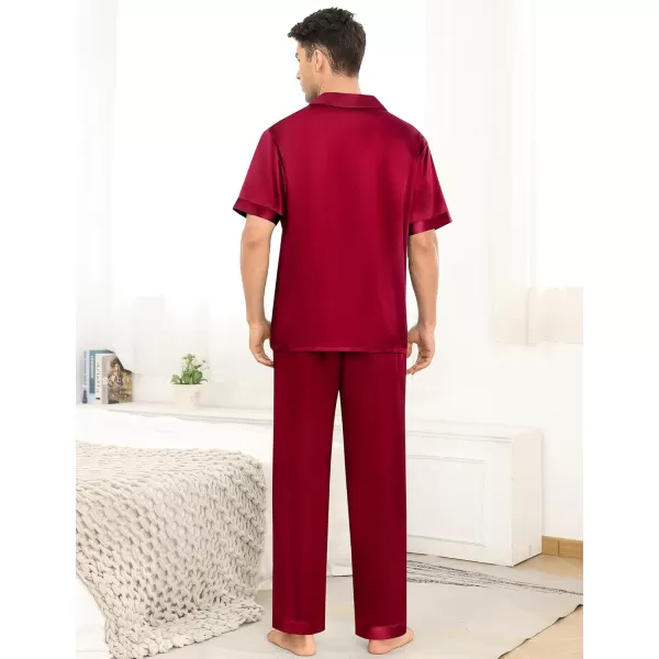 imageSWOMOG Mens Satin Silky Pajama Set Short Sleeve Classic Sleepwear Button Down Loungewear with Long PantsZ  Solid Wine Red  With Drawstrings