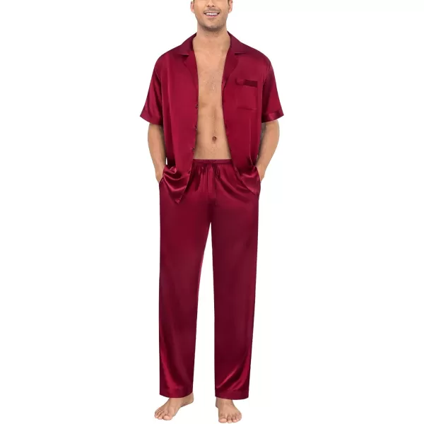 imageSWOMOG Mens Satin Silky Pajama Set Short Sleeve Classic Sleepwear Button Down Loungewear with Long PantsZ  Solid Wine Red  With Drawstrings