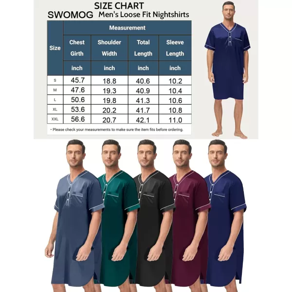 imageSWOMOG Mens Silk Satin Nightshirt Short Sleeve Loose Henley Sleep Shirt Comfy Nightgown Big ampamp Tall Men SleepwearBlack