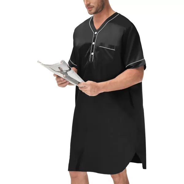 imageSWOMOG Mens Silk Satin Nightshirt Short Sleeve Loose Henley Sleep Shirt Comfy Nightgown Big ampamp Tall Men SleepwearBlack