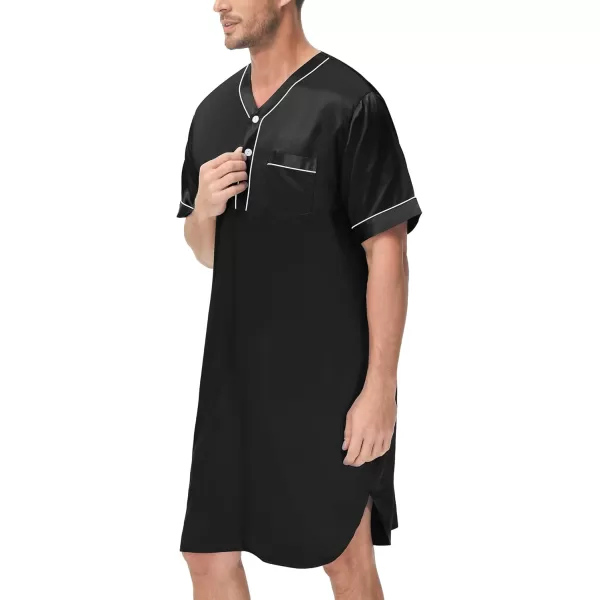 imageSWOMOG Mens Silk Satin Nightshirt Short Sleeve Loose Henley Sleep Shirt Comfy Nightgown Big ampamp Tall Men SleepwearBlack