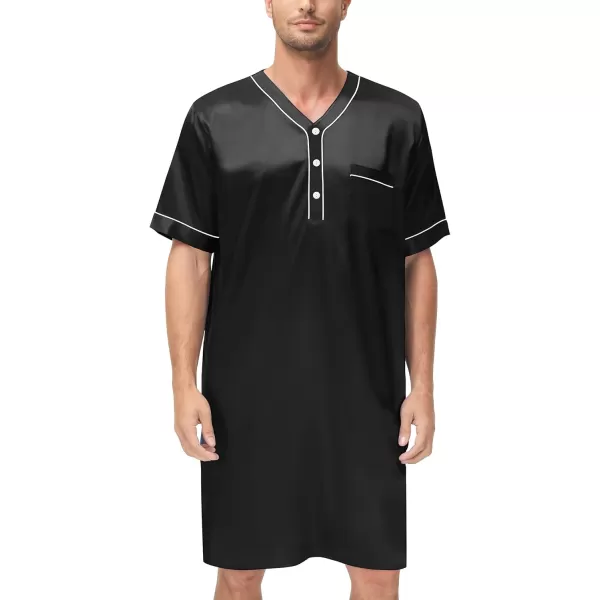 imageSWOMOG Mens Silk Satin Nightshirt Short Sleeve Loose Henley Sleep Shirt Comfy Nightgown Big ampamp Tall Men SleepwearBlack