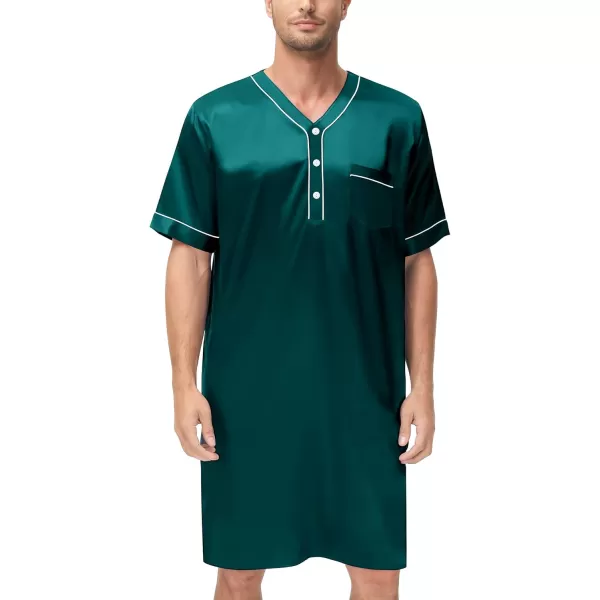 imageSWOMOG Mens Silk Satin Nightshirt Short Sleeve Loose Henley Sleep Shirt Comfy Nightgown Big ampamp Tall Men SleepwearDeep Green