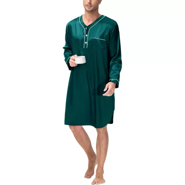 imageSWOMOG Mens Silk Satin Nightshirt Short Sleeve Loose Henley Sleep Shirt Comfy Nightgown Big ampamp Tall Men SleepwearDeep Green