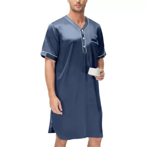 imageSWOMOG Mens Silk Satin Nightshirt Short Sleeve Loose Henley Sleep Shirt Comfy Nightgown Big ampamp Tall Men SleepwearDeep Grey