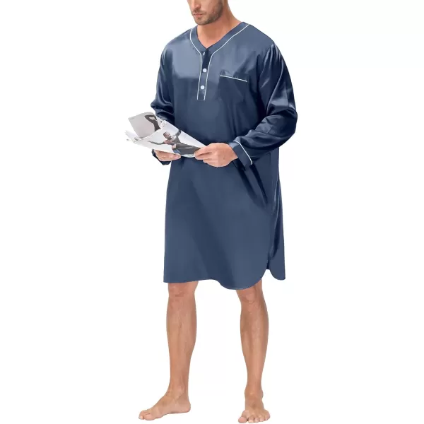 imageSWOMOG Mens Silk Satin Nightshirt Short Sleeve Loose Henley Sleep Shirt Comfy Nightgown Big ampamp Tall Men SleepwearDeep Grey