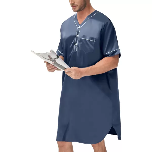 imageSWOMOG Mens Silk Satin Nightshirt Short Sleeve Loose Henley Sleep Shirt Comfy Nightgown Big ampamp Tall Men SleepwearDeep Grey