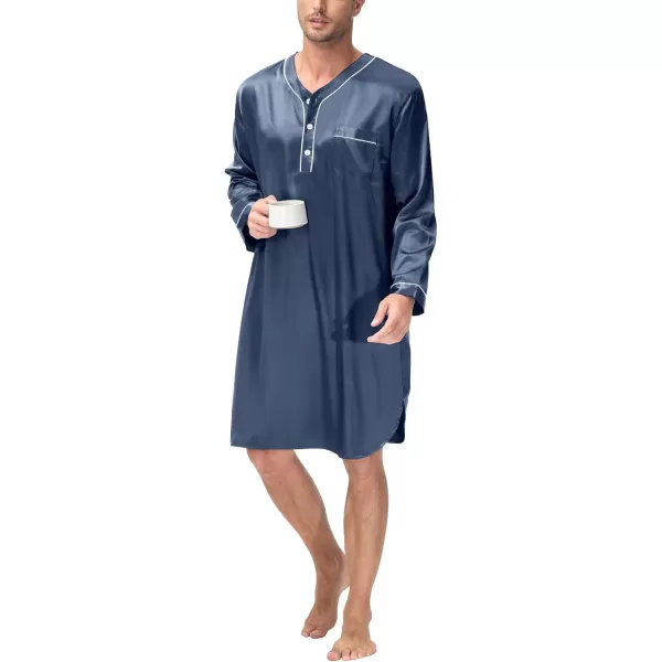 imageSWOMOG Mens Silk Satin Nightshirt Short Sleeve Loose Henley Sleep Shirt Comfy Nightgown Big ampamp Tall Men SleepwearDeep Grey