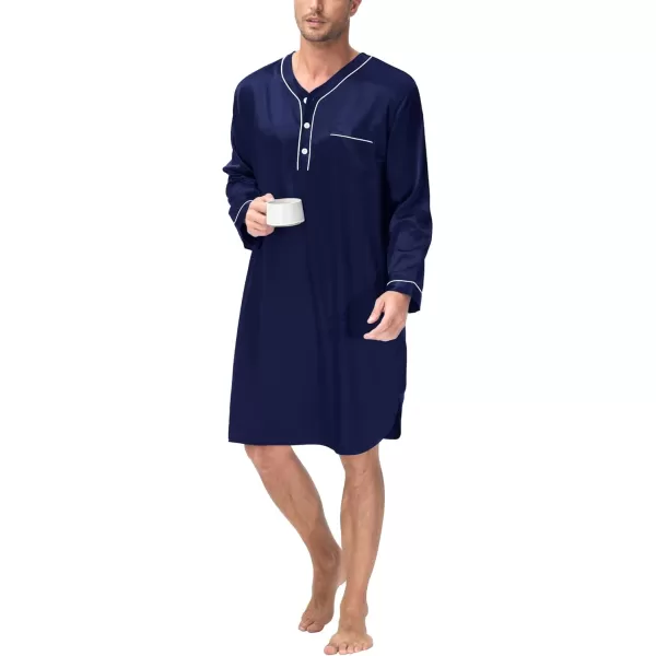 imageSWOMOG Mens Silk Satin Nightshirt Short Sleeve Loose Henley Sleep Shirt Comfy Nightgown Big ampamp Tall Men SleepwearDeep Navy Blue