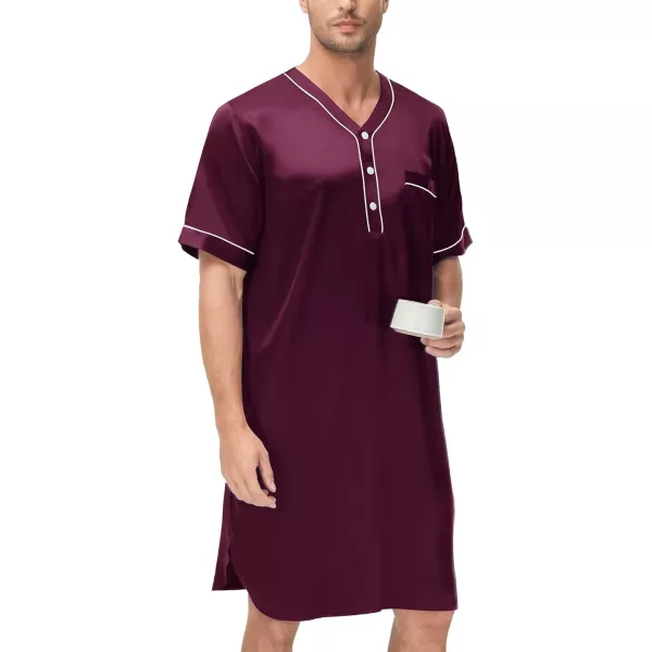 imageSWOMOG Mens Silk Satin Nightshirt Short Sleeve Loose Henley Sleep Shirt Comfy Nightgown Big ampamp Tall Men SleepwearDeep Wine Red