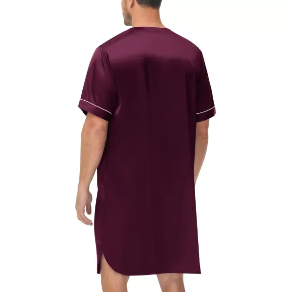 imageSWOMOG Mens Silk Satin Nightshirt Short Sleeve Loose Henley Sleep Shirt Comfy Nightgown Big ampamp Tall Men SleepwearDeep Wine Red