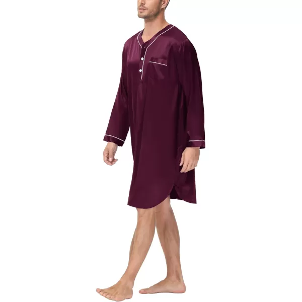 imageSWOMOG Mens Silk Satin Nightshirt Short Sleeve Loose Henley Sleep Shirt Comfy Nightgown Big ampamp Tall Men SleepwearDeep Wine Red