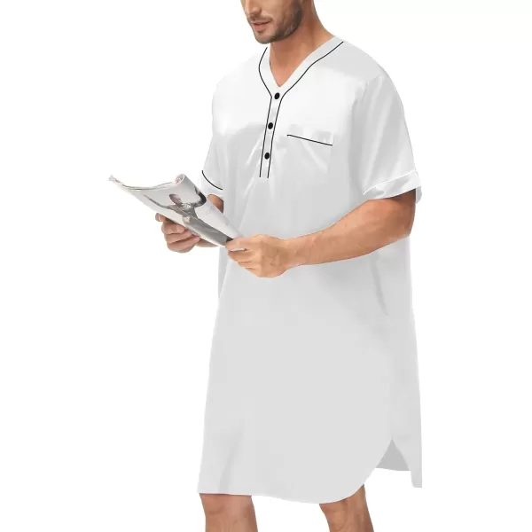 imageSWOMOG Mens Silk Satin Nightshirt Short Sleeve Loose Henley Sleep Shirt Comfy Nightgown Big ampamp Tall Men SleepwearWhite