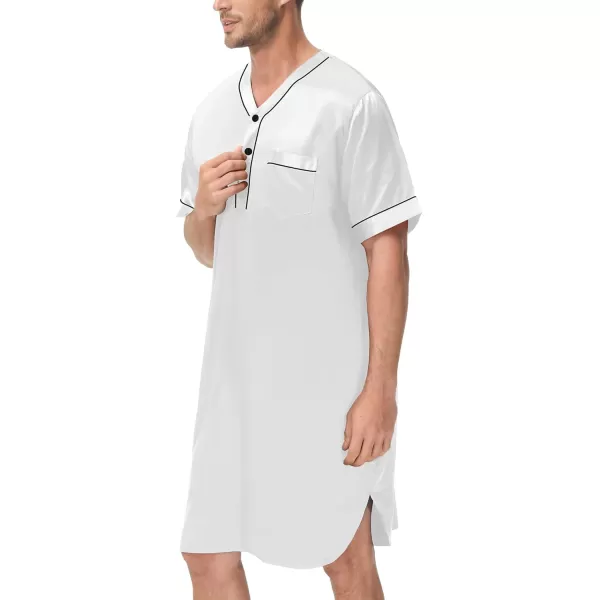 imageSWOMOG Mens Silk Satin Nightshirt Short Sleeve Loose Henley Sleep Shirt Comfy Nightgown Big ampamp Tall Men SleepwearWhite