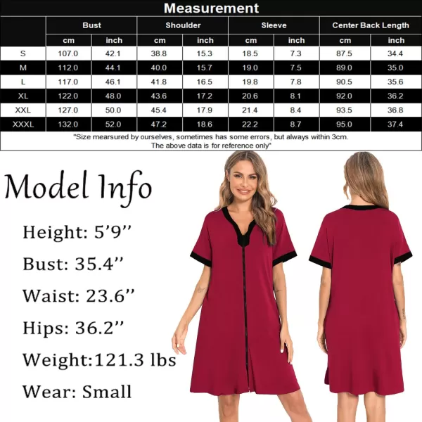 imageSWOMOG Women Zipper Front House Coat Short Sleeves Robe Zip up Bathrobes Short Nightgown with Pockets S3XLA Wine Red