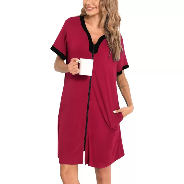 imageSWOMOG Women Zipper Front House Coat Short Sleeves Robe Zip up Bathrobes Short Nightgown with Pockets S3XLA Wine Red