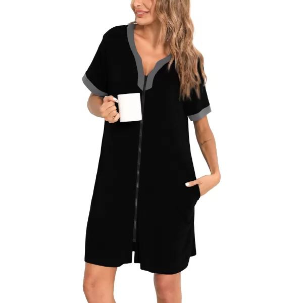 imageSWOMOG Women Zipper Front House Coat Short Sleeves Robe Zip up Bathrobes Short Nightgown with Pockets S3XLBlack