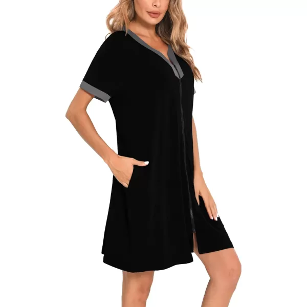 imageSWOMOG Women Zipper Front House Coat Short Sleeves Robe Zip up Bathrobes Short Nightgown with Pockets S3XLBlack