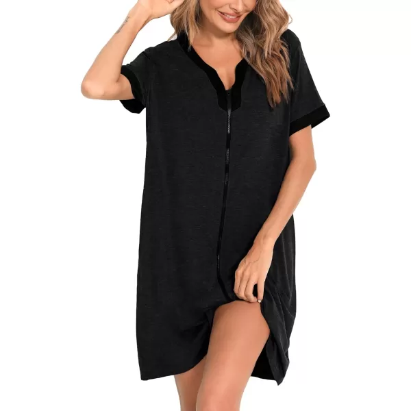 imageSWOMOG Women Zipper Front House Coat Short Sleeves Robe Zip up Bathrobes Short Nightgown with Pockets S3XLBlack Dark Gray