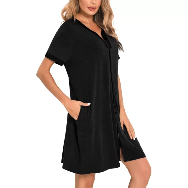 imageSWOMOG Women Zipper Front House Coat Short Sleeves Robe Zip up Bathrobes Short Nightgown with Pockets S3XLBlack Dark Gray