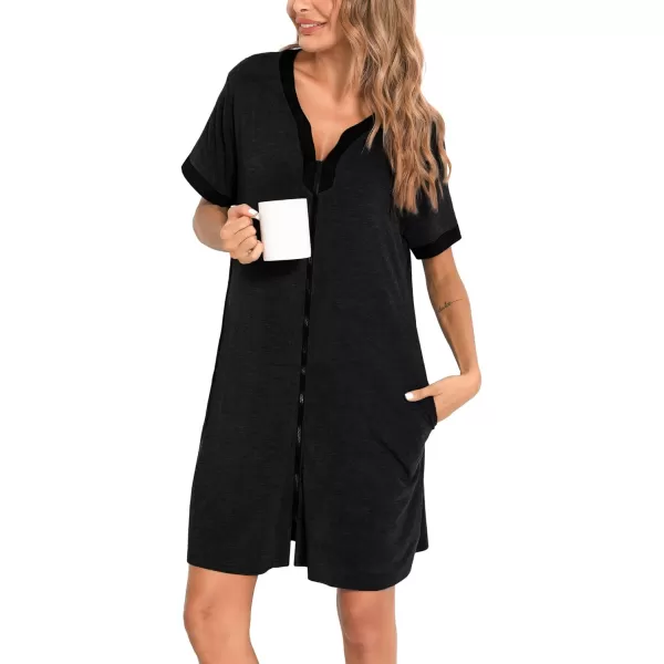 imageSWOMOG Women Zipper Front House Coat Short Sleeves Robe Zip up Bathrobes Short Nightgown with Pockets S3XLBlack Dark Gray