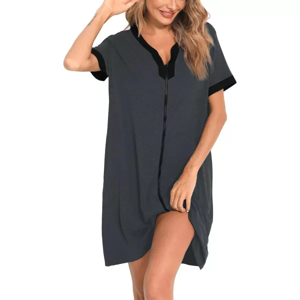 imageSWOMOG Women Zipper Front House Coat Short Sleeves Robe Zip up Bathrobes Short Nightgown with Pockets S3XLCharcoal Gray