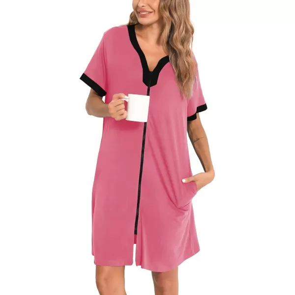 imageSWOMOG Women Zipper Front House Coat Short Sleeves Robe Zip up Bathrobes Short Nightgown with Pockets S3XLCoral