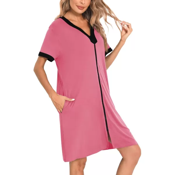 imageSWOMOG Women Zipper Front House Coat Short Sleeves Robe Zip up Bathrobes Short Nightgown with Pockets S3XLCoral
