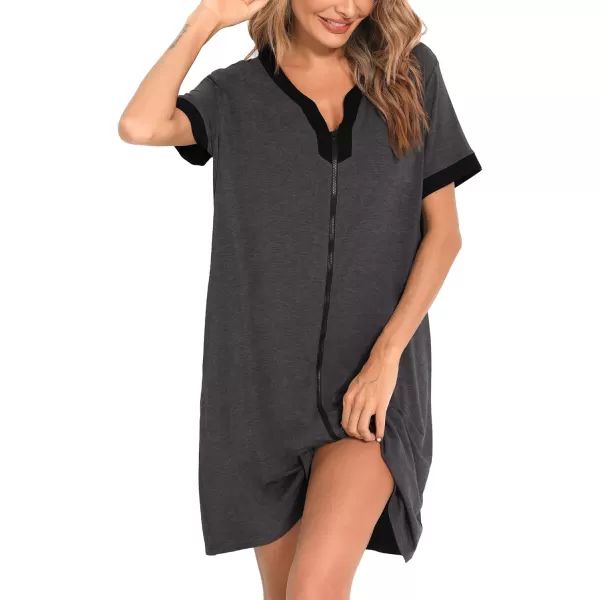 imageSWOMOG Women Zipper Front House Coat Short Sleeves Robe Zip up Bathrobes Short Nightgown with Pockets S3XLDeep Grey