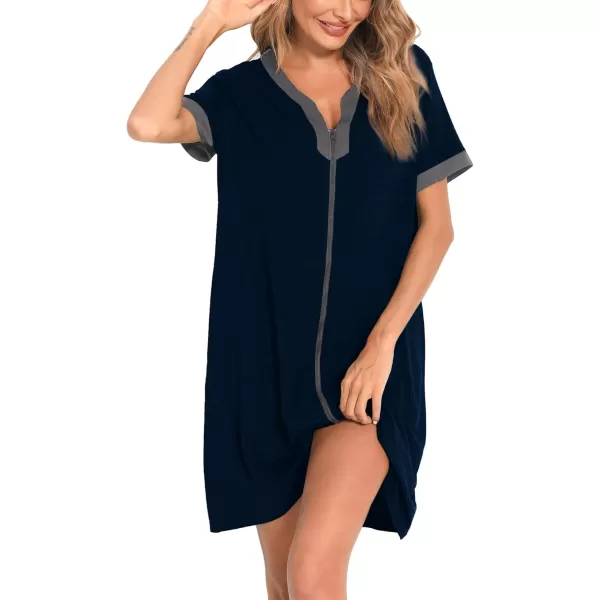 imageSWOMOG Women Zipper Front House Coat Short Sleeves Robe Zip up Bathrobes Short Nightgown with Pockets S3XLDeep Navy Blue