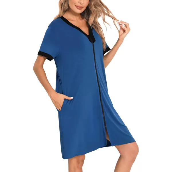 imageSWOMOG Women Zipper Front House Coat Short Sleeves Robe Zip up Bathrobes Short Nightgown with Pockets S3XLNavy