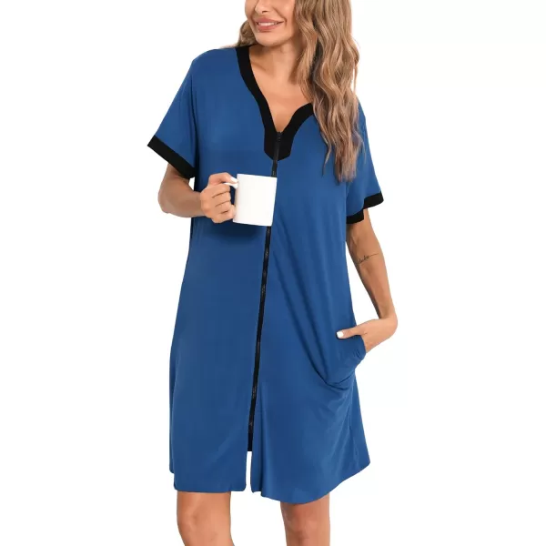 imageSWOMOG Women Zipper Front House Coat Short Sleeves Robe Zip up Bathrobes Short Nightgown with Pockets S3XLNavy