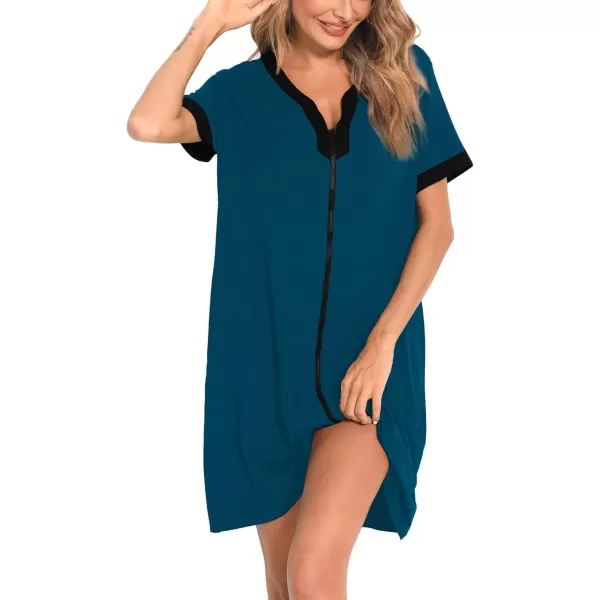 imageSWOMOG Women Zipper Front House Coat Short Sleeves Robe Zip up Bathrobes Short Nightgown with Pockets S3XLOxford Blue