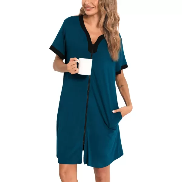 imageSWOMOG Women Zipper Front House Coat Short Sleeves Robe Zip up Bathrobes Short Nightgown with Pockets S3XLOxford Blue