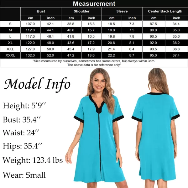 imageSWOMOG Women Zipper Front House Coat Short Sleeves Robe Zip up Bathrobes Short Nightgown with Pockets S3XLPeacock Blue