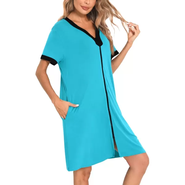 imageSWOMOG Women Zipper Front House Coat Short Sleeves Robe Zip up Bathrobes Short Nightgown with Pockets S3XLPeacock Blue