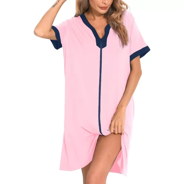 imageSWOMOG Women Zipper Front House Coat Short Sleeves Robe Zip up Bathrobes Short Nightgown with Pockets S3XLPink