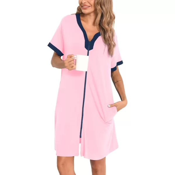 imageSWOMOG Women Zipper Front House Coat Short Sleeves Robe Zip up Bathrobes Short Nightgown with Pockets S3XLPink