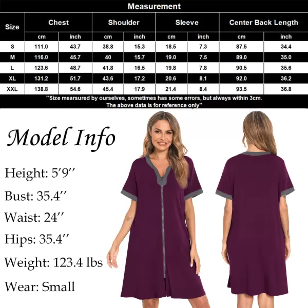 imageSWOMOG Women Zipper Front House Coat Short Sleeves Robe Zip up Bathrobes Short Nightgown with Pockets S3XLWineberry