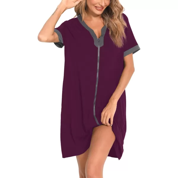 imageSWOMOG Women Zipper Front House Coat Short Sleeves Robe Zip up Bathrobes Short Nightgown with Pockets S3XLWineberry