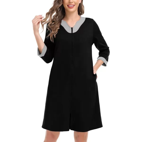 imageSWOMOG Women Zipper Front Robe 34 Sleeve House Coat Zip up Bathrobes Lightweight Nightgown with Pockets SXXLBlack