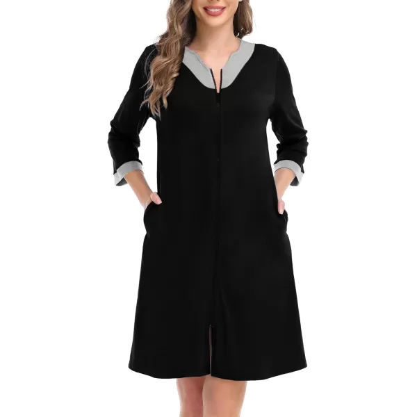 imageSWOMOG Women Zipper Front Robe 34 Sleeve House Coat Zip up Bathrobes Lightweight Nightgown with Pockets SXXLBlack