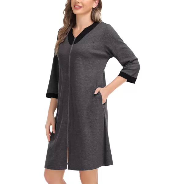 imageSWOMOG Women Zipper Front Robe 34 Sleeve House Coat Zip up Bathrobes Lightweight Nightgown with Pockets SXXLDeep Grey