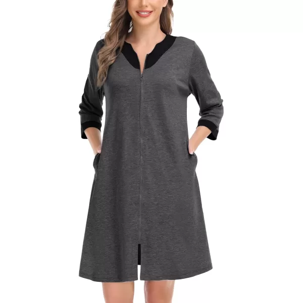 imageSWOMOG Women Zipper Front Robe 34 Sleeve House Coat Zip up Bathrobes Lightweight Nightgown with Pockets SXXLDeep Grey