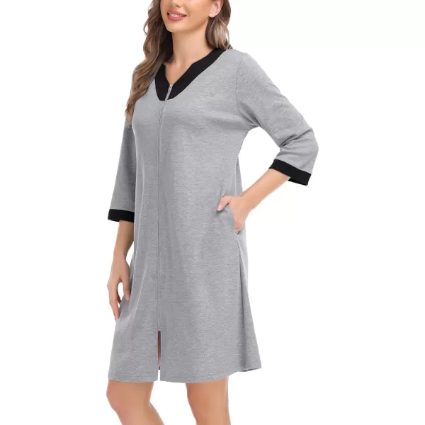 imageSWOMOG Women Zipper Front Robe 34 Sleeve House Coat Zip up Bathrobes Lightweight Nightgown with Pockets SXXLGrey